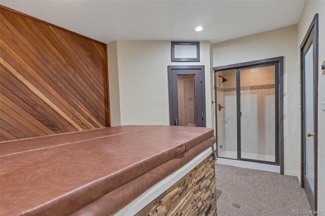 interior space with wood walls and carpet floors