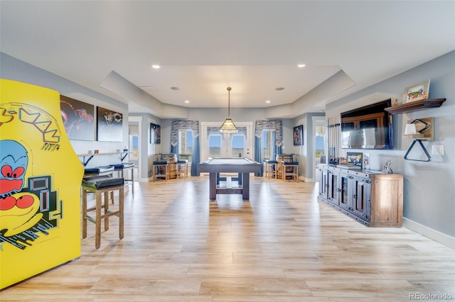 game room featuring billiards and light hardwood / wood-style flooring