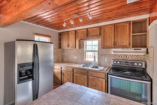 11 Hupp Rd, Bailey, CO 80421 - kitchen with a sink, under cabinet range hood, appliances with stainless steel finishes, and open shelves
