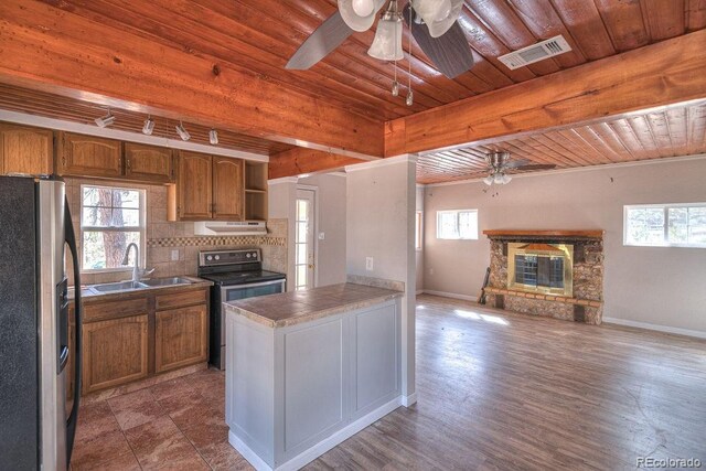11 Hupp Rd, Bailey, CO 80421 - kitchen featuring a sink, a ceiling fan, under cabinet range hood, stainless steel appliances, and visible vents