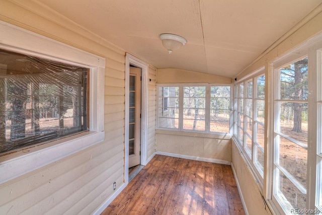 11 Hupp Rd, Bailey, CO 80421 - unfurnished sunroom with baseboards, lofted ceiling, and wood finished floors