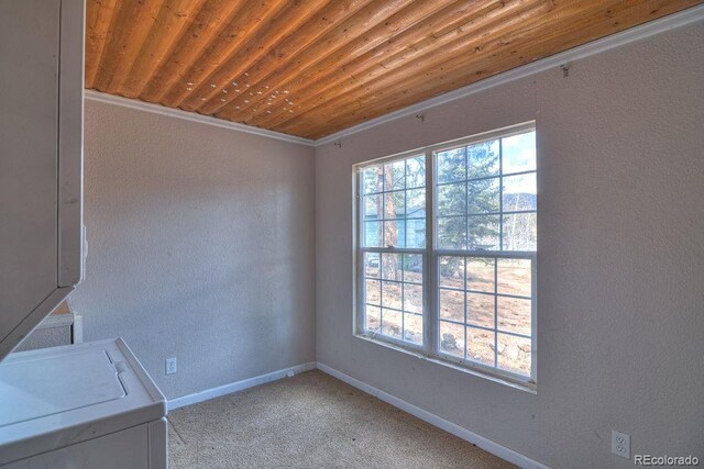11 Hupp Rd, Bailey, CO 80421 - empty room featuring baseboards, washer / clothes dryer, a textured wall, wood ceiling, and light colored carpet