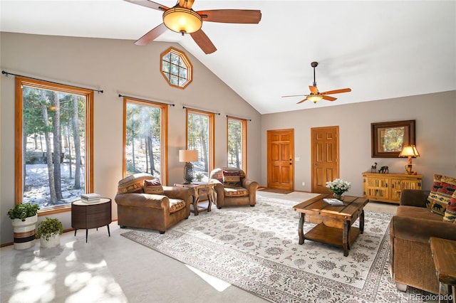 1226 High Point Cir, Black Hawk, CO 80422 - living room featuring a ceiling fan, healthy amount of natural light, carpet, and high vaulted ceiling