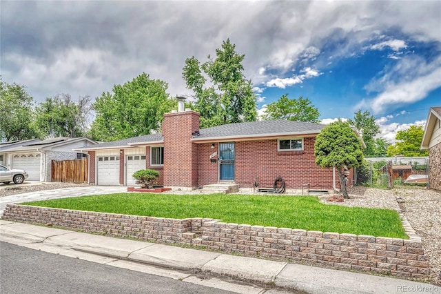 3463 W Bowles Ave, Littleton, CO 80123 - single story home featuring a garage, driveway, a chimney, brick siding, and roof with shingles