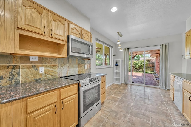 3463 W Bowles Ave, Littleton, CO 80123 - kitchen with appliances with stainless steel finishes, backsplash, open shelves, dark stone countertops, and recessed lighting