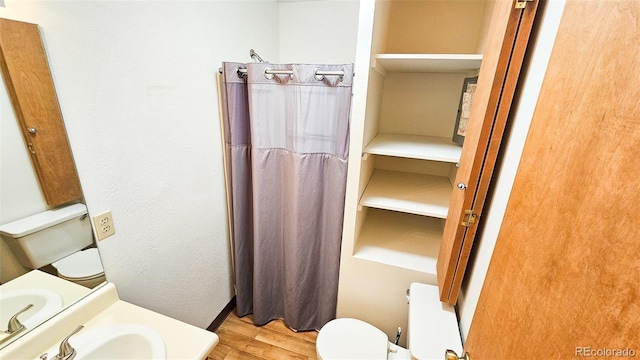 bathroom with toilet, sink, and hardwood / wood-style floors