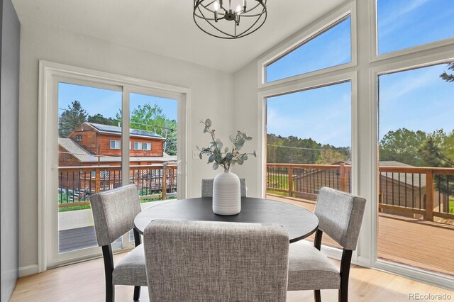 30221 Stagecoach Blvd, Evergreen, CO 80439 - dining room with lofted ceiling, a chandelier, light wood finished floors, and baseboards