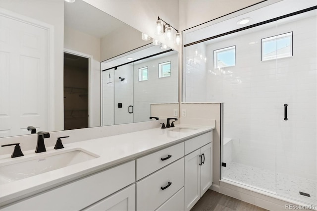 bathroom featuring vanity and an enclosed shower