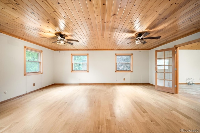 unfurnished room featuring a ceiling fan, wood ceiling, crown molding, light wood-style floors, and baseboards