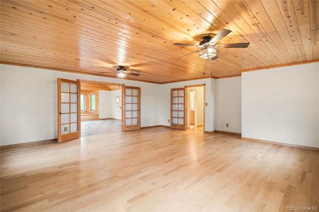 spare room with french doors, a ceiling fan, wooden ceiling, light wood finished floors, and crown molding