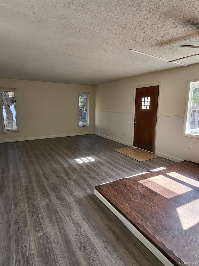 entrance foyer with a wealth of natural light, a textured ceiling, dark hardwood / wood-style floors, and ceiling fan