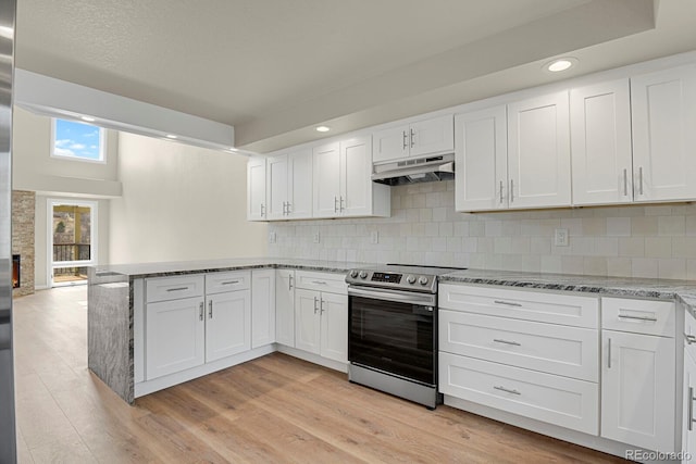 2866 Tenderfoot Hill St, Colorado Springs, CO 80906 - kitchen featuring a peninsula, electric stove, white cabinetry, and under cabinet range hood