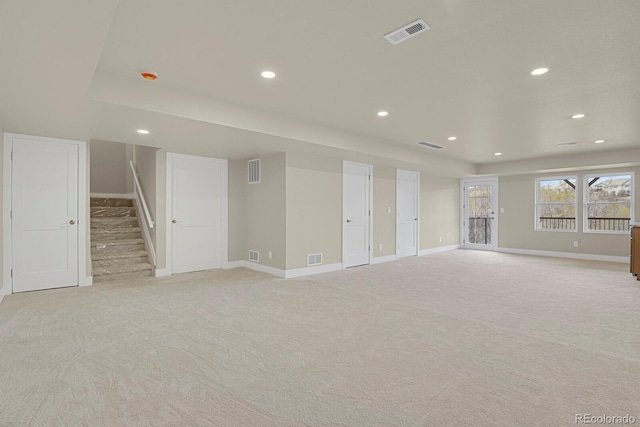2866 Tenderfoot Hill St, Colorado Springs, CO 80906 - unfurnished room featuring stairs, light carpet, baseboards, visible vents, and recessed lighting