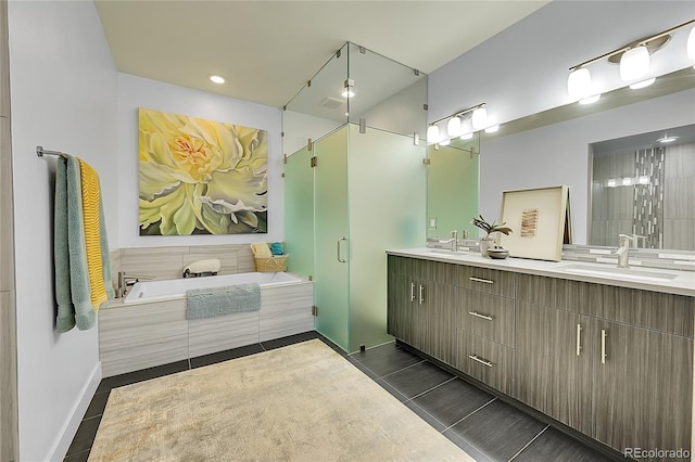 bathroom with tile patterned floors, vanity, and plus walk in shower