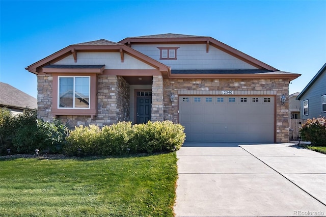 craftsman inspired home with concrete driveway, an attached garage, a front yard, and stone siding