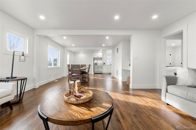 living room with dark hardwood / wood-style floors