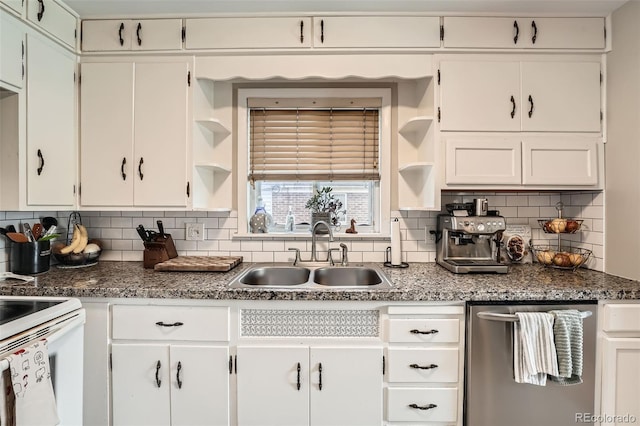 7060 Avrum Dr, Denver, CO 80221 - kitchen featuring open shelves, a sink, dishwasher, and white cabinetry