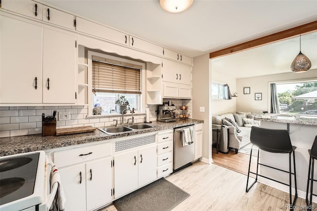 7060 Avrum Dr, Denver, CO 80221 - kitchen featuring stainless steel dishwasher, open shelves, a sink, tasteful backsplash, and white electric range