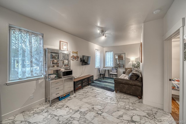 822 Yale Ave, Buena Vista, CO 81211 - living area with baseboards, light marble finish flooring, and track lighting