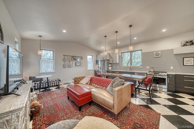 822 Yale Ave, Buena Vista, CO 81211 - living room featuring plenty of natural light, recessed lighting, vaulted ceiling, and tile patterned floors