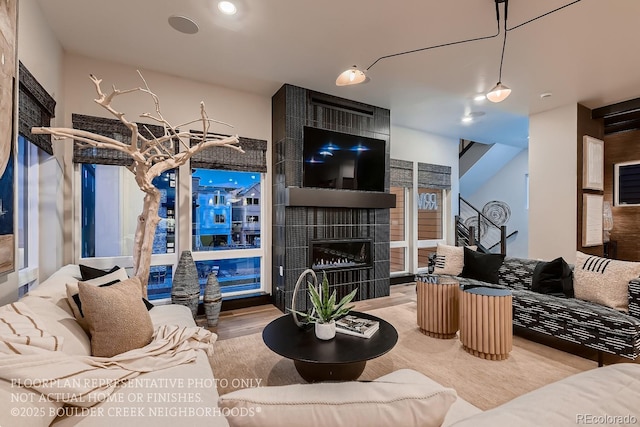 living room featuring a fireplace and wood-type flooring