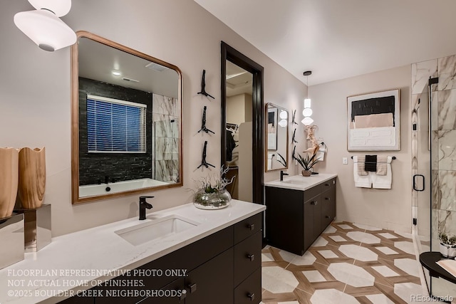 bathroom with vanity, tile patterned flooring, and walk in shower