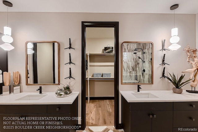 bathroom featuring vanity and hardwood / wood-style floors