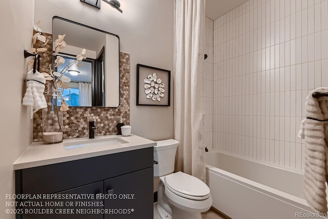 full bathroom with tasteful backsplash, vanity, toilet, and shower / bath combo