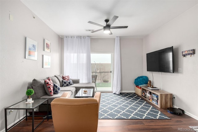 4451 S Ammons St Unit 5-307, Littleton, CO 80123 - living room featuring baseboards, a ceiling fan, wood finished floors, and visible vents