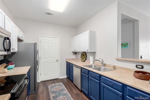4451 S Ammons St Unit 5-307, Littleton, CO 80123 - kitchen featuring visible vents, white cabinetry, blue cabinets, a sink, and appliances with stainless steel finishes