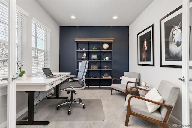 office space featuring baseboards and recessed lighting