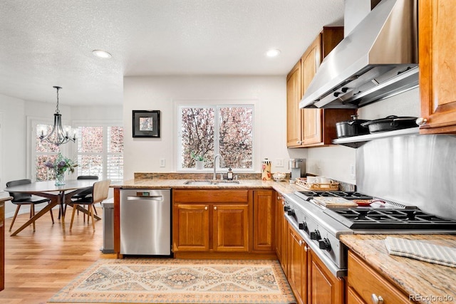 kitchen featuring a sink, ventilation hood, a wealth of natural light, and appliances with stainless steel finishes