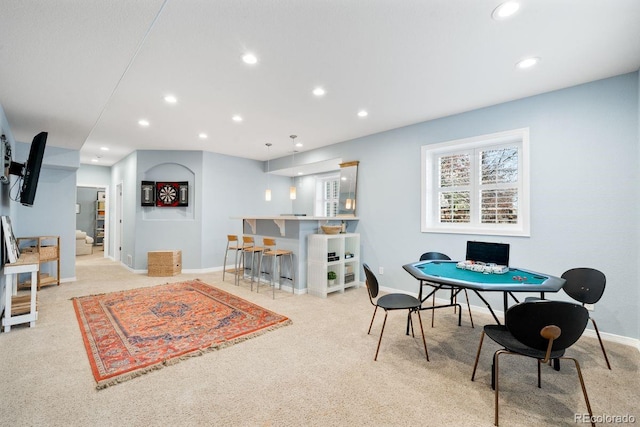 playroom with light carpet, recessed lighting, and baseboards