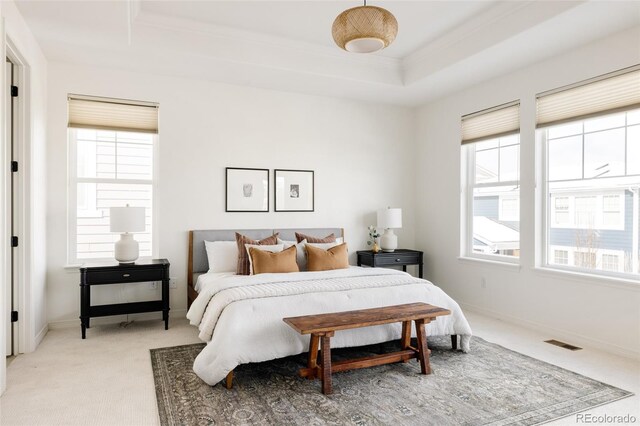 carpeted bedroom with a tray ceiling and ornamental molding