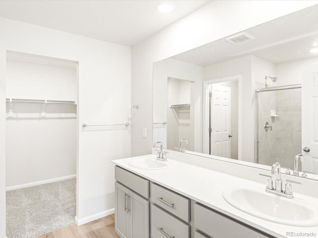 bathroom featuring vanity, wood-type flooring, and a shower with shower door