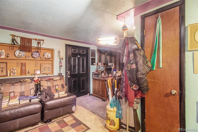 carpeted living room featuring a textured ceiling