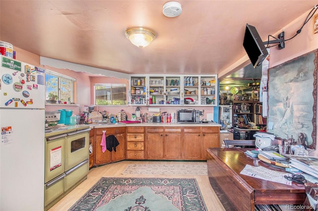 kitchen featuring white refrigerator, light hardwood / wood-style flooring, stainless steel electric stove, and sink