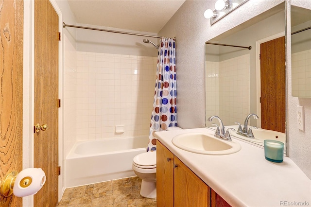 6330 Rockville Dr, Colorado Springs, CO 80923 - bathroom with shower / bathtub combination with curtain, vanity, and stone finish flooring