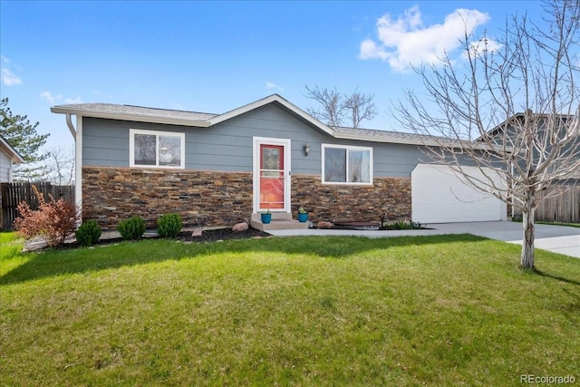 ranch-style house with concrete driveway, fence, and a front yard