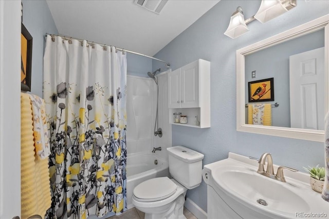 full bathroom featuring visible vents, vanity, toilet, lofted ceiling, and shower / bath combo with shower curtain