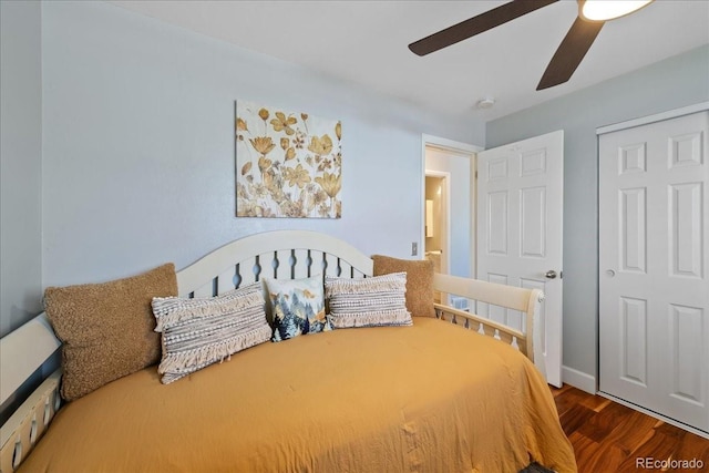 bedroom with ceiling fan and wood finished floors