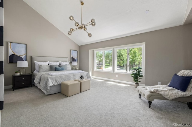 carpeted bedroom with a chandelier, baseboards, and vaulted ceiling