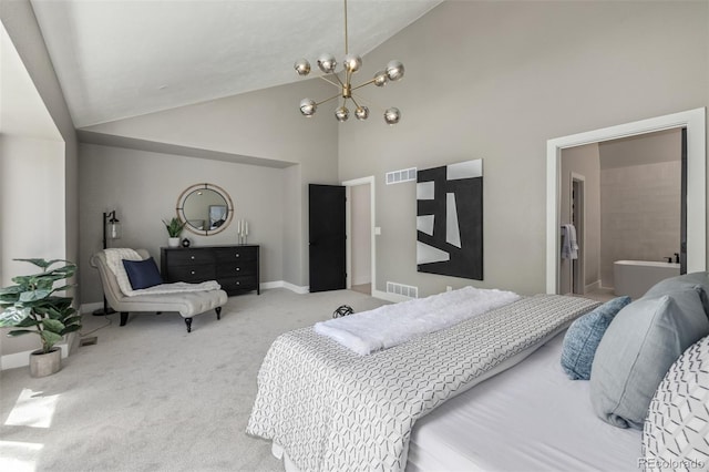carpeted bedroom with a chandelier, high vaulted ceiling, and baseboards