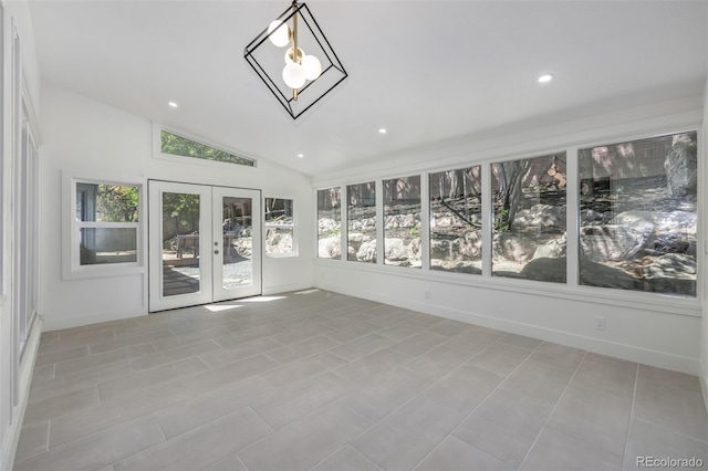 unfurnished sunroom with french doors and lofted ceiling