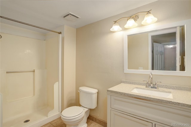 full bathroom featuring tile patterned flooring, visible vents, toilet, and a shower