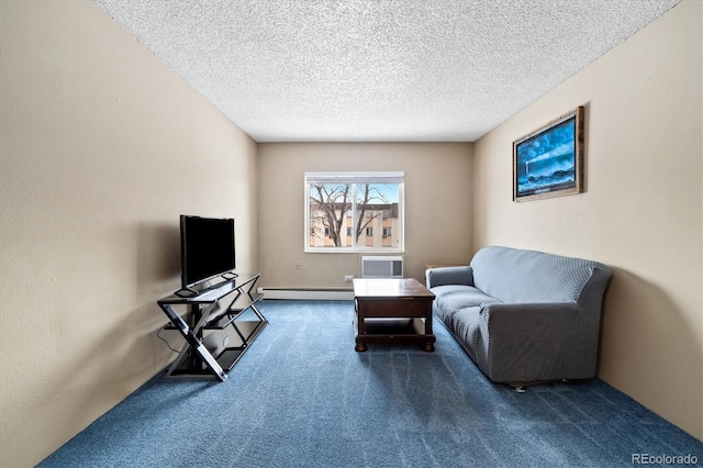 living room with a wall mounted air conditioner, carpet, baseboard heating, and a textured ceiling