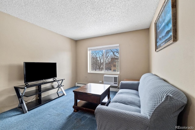 carpeted living room featuring an AC wall unit, baseboard heating, and a textured ceiling