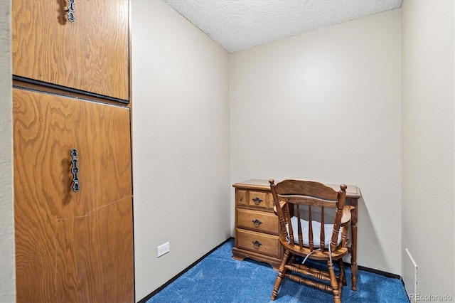 office area featuring dark carpet and a textured ceiling