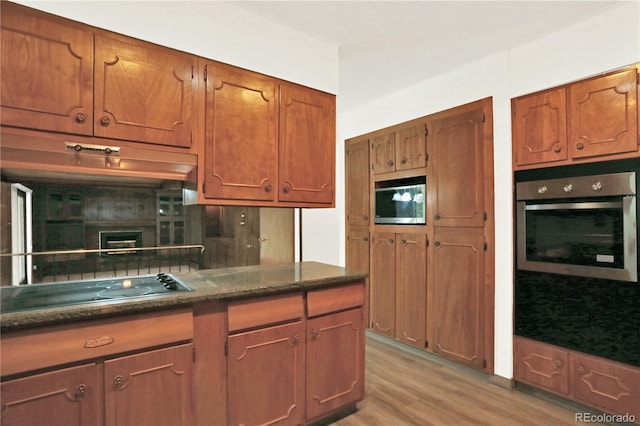 kitchen with appliances with stainless steel finishes, light hardwood / wood-style floors, dark stone countertops, and tasteful backsplash