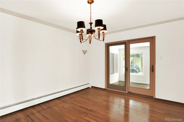 unfurnished room featuring a baseboard radiator, wood-type flooring, a chandelier, and ornamental molding